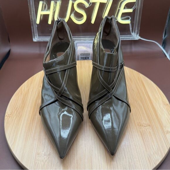 CHLOE Leather Point Toe Heel Booties Army Green Size 7.5 - Picture 2 of 11